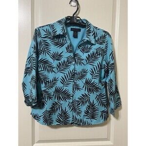 Silkland Jacket Women' Size L 100% Silk Leaf Print Beaded Shirt Blue Black